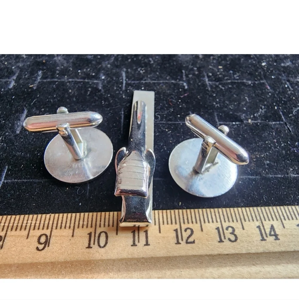 Vintage Swank Cufflink Set Silver Tone Polished Triple Crown Used